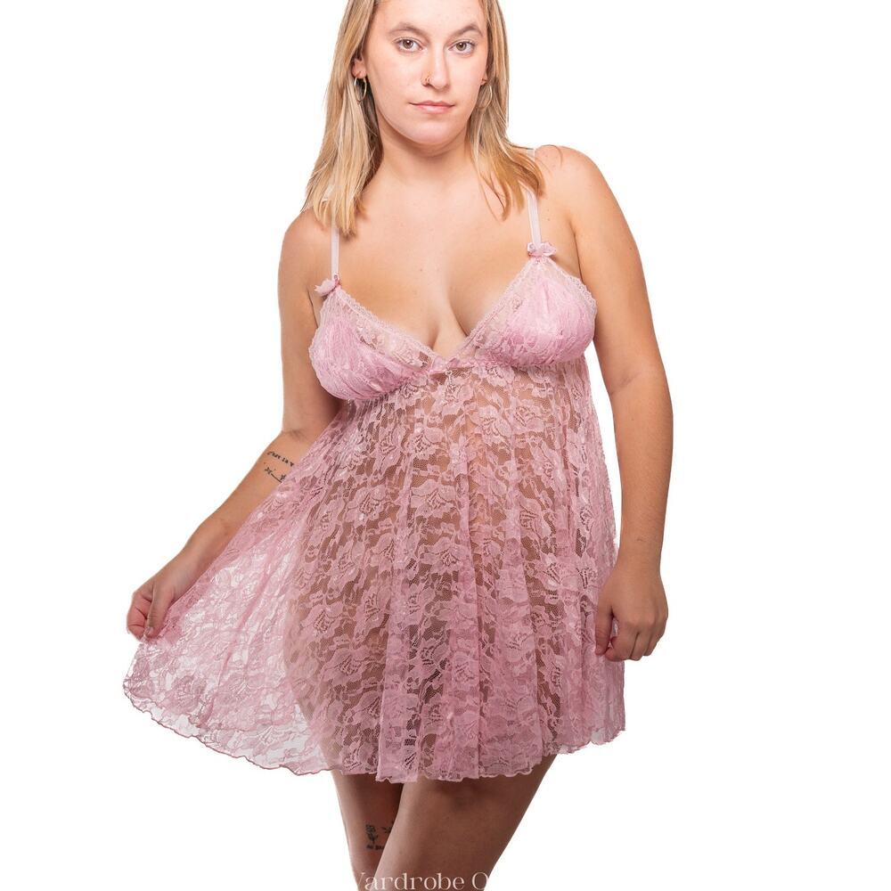 Pink Sheer Sheer Lace Babydoll Lingerie